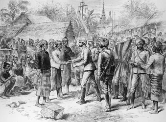 A burmai expedíció: Prendergast tábornok interjúja a burmai hadsereg tiszteivel és maradványaival, a „The Illustrated London News”-ból, 1886. június 3. (metszet)