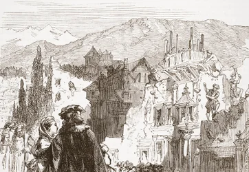 A genfiek elpusztítják városuk külvárosait, illusztráció: James Aitken Wylie (1808-1890) A protestantizmus története című könyvéből, pub. 1878