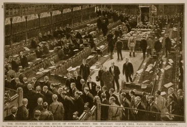 Történelmi jelenet az alsóházban, amikor a katonai szolgálatról szóló törvényjavaslat harmadik olvasatán, 1914-1919