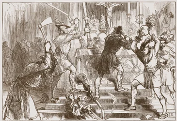 Az ikonoklasztok egy római katolikus templom képeit és oltárdíszeit rombolják, illusztráció James Aitken Wylie (1808-1890) „A protestantizmus története” című művéből, pub. 1878 (metszet)