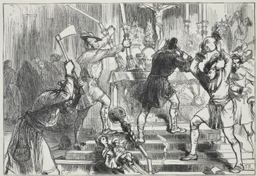 Egy római katolikus templom képeit és oltárdekorációit megsemmisítő ikonoklasztok, illusztráció: James Aitken Wylie (1808-1890) A protestantizmus története című könyvéből, pub. 1878