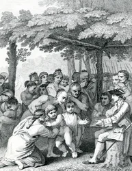 Az indiánok, akik átadják az angol foglyokat Bouquet ezredesnek, az észak-anericai Muskingham forks-i tábora közelében, Canot metszete, 1764