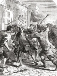 A „No-Popery” lázadók az 1780-as gordoni zavargások idején megtámadták a parlament tagjait a Westminster-i Palace Yardban, Londonban.