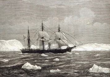 Az Északi-sark-expedíció: Az Alert felemelő színek annak tiszteletére, hogy elérte a legmagasabb szélességi fokot a feljegyzett hajók közül, a „The Illustrated London News”-ból, 1876