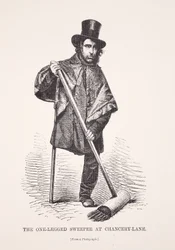 Az egylábú seprőgép a Chancery Lane-nél, fényképről, illusztráció a London Labor and London Poor-ből, Henry Mayhew, pub. 1862