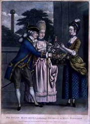 Az udvarias makaróni Nosegay-t mutat be Miss Blossomnak, kocsma. szerző: Carington Bowles (fl.1744-93)