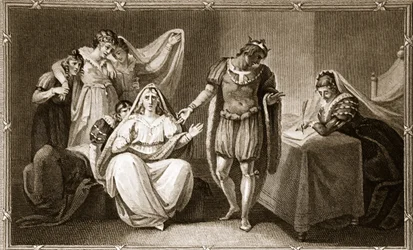 A Queen Wawager magát és lányait III. Richárd védelme alá helyezi, David Humes illusztrációja Anglia története, pub. R. Bowyer, London, 1812