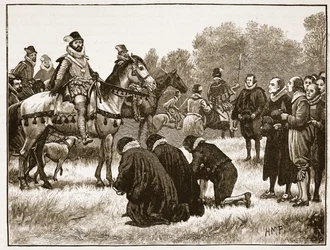 Az eltérő istenek benyújtják petíciójukat Jamesnek, illusztráció a Cassells Illustrated History of Englandből (szépia fotó)