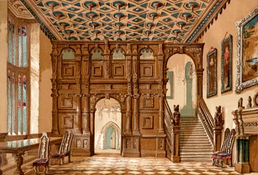 A yorkshire-i Methley Hall belseje az 1963-as lebontás előtt, Ó-Angliából: Képi Múzeum, pub. 1847