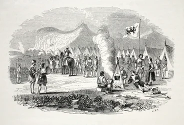 Az észak- és dél-walesi főnökök találkozója a Breidden Hills-ben, úton Bosworth-field, kocsma felé. 19. század (acélmetszet)