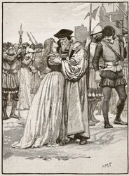 Sir Thomas More és lánya elválása, illusztráció a Cassells Illustrated History of Englandből (szépia fotó)