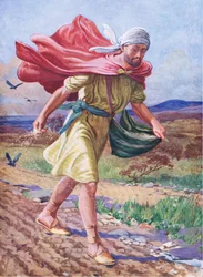 A vetés, a Thomas Nelson által kiadott Biblia képeskönyvből, 1950 körül (színes litográfia).