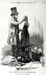 A régi ruhák edény- és edénycseréjének utcai eladója, 1840 körül