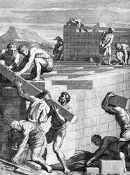 A gallok városainak falai alternatív kövekből és gerendákból épültek, amelyeket Cornelis Huyberts vésett, a Caesars Commentaries illusztrációja, amelyet William Duncan fordított angolra,