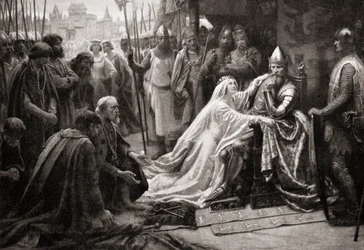 Edward király felesége, Philippa Hainault királynője közbenjár férje előtt, hogy a hét calais-i polgár életét kíméljék (nyomtatás)