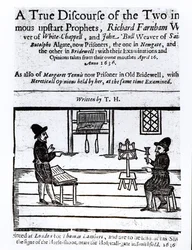 A két hírhedt próféta igaz beszéde címlapja, Richard Farnham, Weaver, White-Chapel és John Bull, Weaver, Saint Botolphs, Algate, T.H 1636