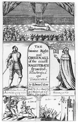 Címlap az isteni joghoz és az Istentől származó polgári bíró eredeti példánya, Edward Gee metszet, 1658