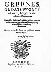 A Greenes Groats-Worth of Wit címlapja, Robert Greene-nek tulajdonítva, 1592-ben megjelent (nyomtatott papír)