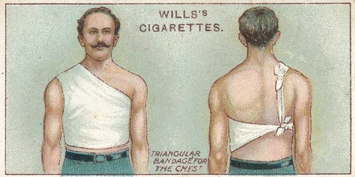 Háromszögletű kötés a mellkasra, sz. 37. szám a Willss Cigarettes First Aid sorozatából, 1913
