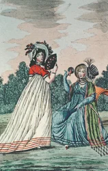 Két divatos hölgy a kertben, 1800 körül (színes metszet)