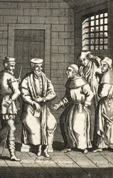 Két spanyol barát beszélget Mr. Bradforddal, illusztráció a Foxes Martyrs c.1703-ból 99: Foxes Book of Martyrs; John Fox; c17.; Rókák;
