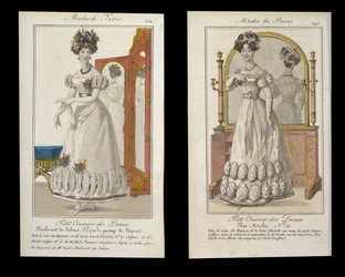 Két estélyi ruhás hölgyek divattányérja, Modes de Paris reklámjai, 1825 körül