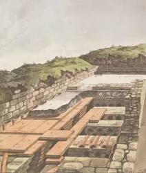 Földalatti fűtési rendszer egy római villa számára Angliában, 1797-ben (kézzel színezett litho)