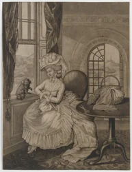 Untitled (ablaknál ülő nő egy kis kutyával kapcsolatban), 1780 körül (mezzotint)