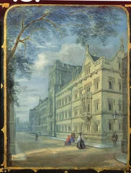 Viktoriánus varrószekrény panel, az oxfordi Exeter College jelenetével díszítve (papírmasé)
