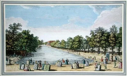 Kilátás a Formal Gardensre egy tóval, valószínűleg a Long Water Hampton Courtban (színes litó)