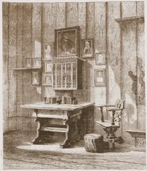 Kilátás Luther szobájára a Wartburgban, A tintafolt a falon, illusztráció: James Aitken Wylie (1808-1890), kocsma: A protestantizmus története. 1878