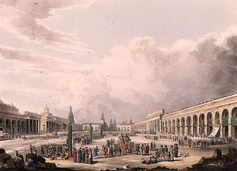 Kilátás a Nagy térre a moszkvai üzletekkel, 3. tábla a "Moszkva történelmi vázlatából", kocsma. Írta: Rudolph Ackermann (1764-1834) 1813 (akvatinta)