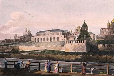 Kilátás a moszkvai Kreml császári palotájára, 7. tábla a "Moszkva történelmi vázlatából", kocsma. Írta: Rudolph Ackermann (1764-1834) 1813 (akvatinta)