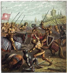 A két rózsa háborúja (1455-1485); Tewkesbury-i csata (1471. május 4.). Illusztráció az angol polgárháborúról, amelyet III. Edward király (1327-1377) utódai két ágra osztottak. Tewkesbury-i csata: az utolsó csata a Rózsa háborújában
