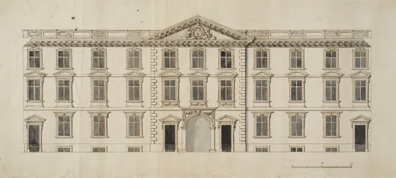 A New College-i Garden Quadrangle tervezett új épületének nyugati frontja, 1680 körül (tinta és szürke mosás papíron)