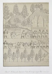 Munkások eszközökkel és kötelekkel egy szárnyas bika mozgatásához, 17-es tábla Ninivéből és maradványairól, Austen Henry Layard (1817-94) kiadta 1849