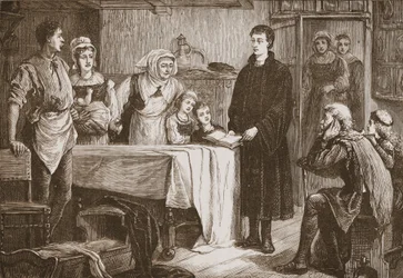 Az ifjú Kálvin a Bibliát magyarázza egy bourges-i családnak, illusztráció: James Aitken Wylie (1808-1890) A protestantizmus története című könyvéből, pub. 1878