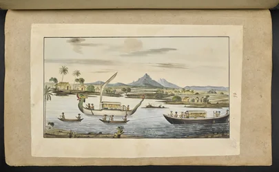 f.75 (86. tábla) Folyói jelenet Jáván csónakokkal, köztük egy sárkányfejű csónakkal