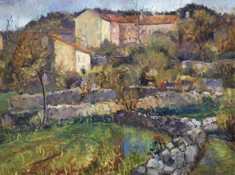 Karszti város, Enrico Fonda (1892-1929), olaj, karton, 69x89 cm. Olaszország, XX. század.