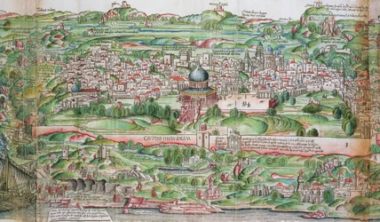 Jeruzsálem városának térképe Bernhard von Breydenbach (1440-97) „Zarándoklat a Szentföldön” című művéből