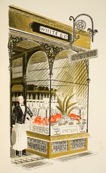 Oyster Bar, illusztráció a „High Street”-ből, J. M. Richards, nyomtatta a Curwen Press, pub. a Country Life által