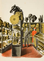 Színházi jelmez- és kellékkölcsönző üzlet, illusztráció J.M. Richards "High Street" című művéből, a Curwen Press nyomdája, a Country Life kiadása, 1938.