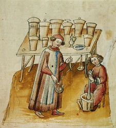 Gyógyszerész és segédje gyógynövényeket és gyökereket fontak orvosi használatra, 1380-1400 körül.