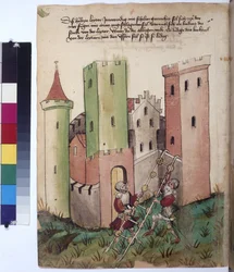 Egész oldal: vár és használati utasítás egy kerekes létra használatához, 1430 körül (színes tollrajz)