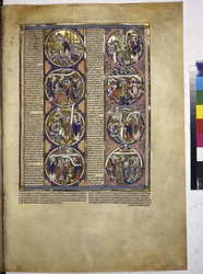 Egész oldal: nyolc medalion, amelyek miniatúrákat tartalmaznak, magyarázó szöveggel kísérve, 1225-1250 körül (tempera pergamenre).