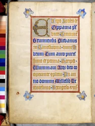 Egész oldal: keretes szöveg, keretes "E" kezdőbetűvel: Johann von Troppau író és illuminátor kolofonja