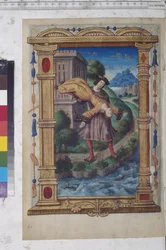 Egész oldal: építészeti keretbe foglalt miniatúra: egy ifjú a tengerbe dob egy nőt, 1504-1507 körül (temperafestmény)