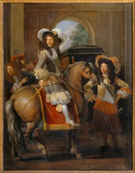 Nemes lóháton kíséretével egy óriási kapu előtt - Gentilhomme à cheval et carrosse devant une porte monumentale ...