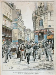 Franciaország, Párizs, Újságárus a rue du Croissant-ban a párizsi rue du Faubourg Montmartre sarkán, Ernest Grenier, Nyomtatás akvarellről