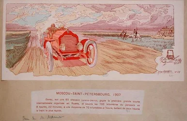 Arthur Duray a Lorraine-Dietrichjével megnyeri a Moszkva-Pétervár ralit 1907-ben, 1910 körül (színes lithó)
